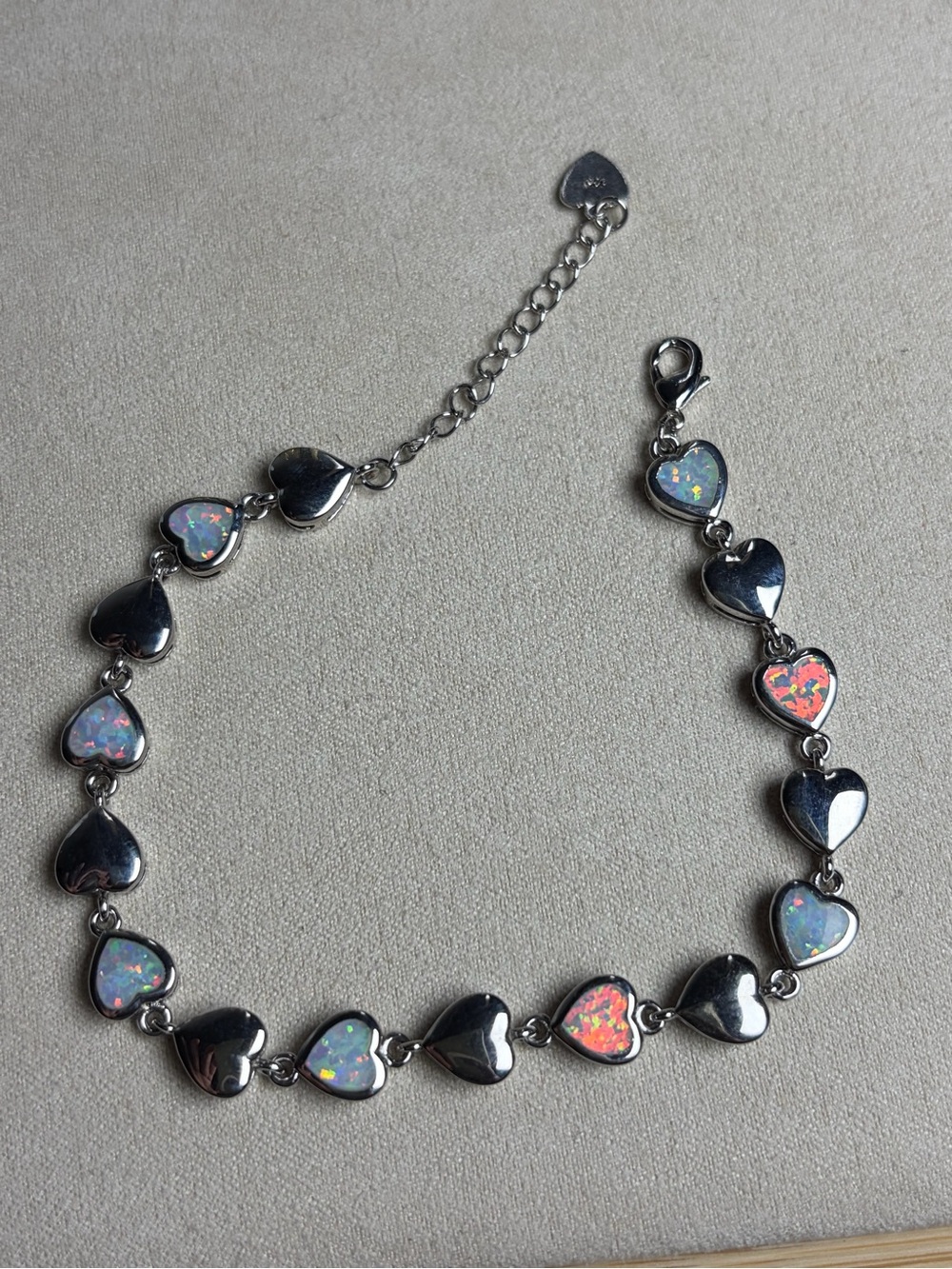 Silver Heart Opal Link Bracelet - Iridescent Pink & Blue